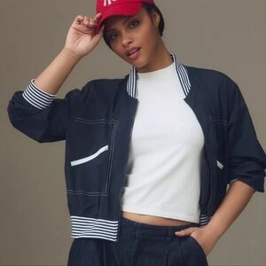 Anthropologie Navy Bomber Jacket with White Striped Trim 2X